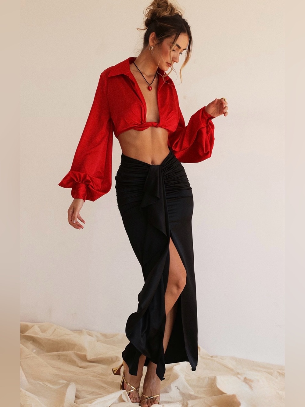 Hose of CB Arla Black draped silk maxi skirt